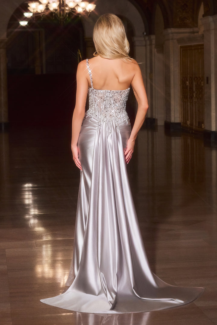 Beaded Satin One Shoulder Gown by Ladivine CC0329