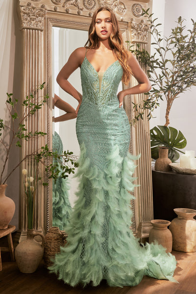 Glitter Sleeveless Feather Mermaid Dress by Ladivine CC1608
