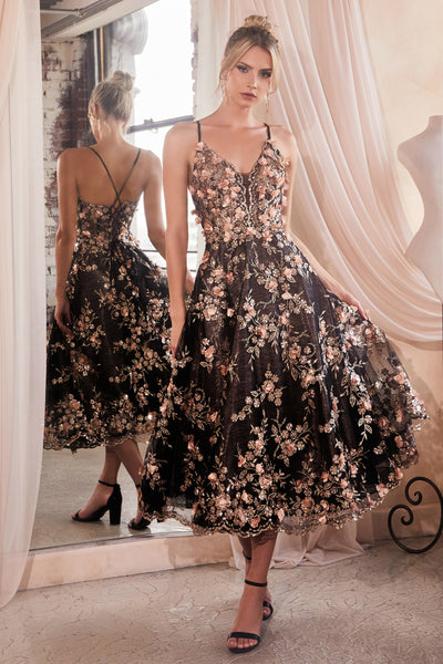 3D Floral Sleeveless Tea Length Dress by Ladivine CC2261