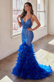 Feather Beaded Sleeveless Mermaid Dress by Ladivine CC2308