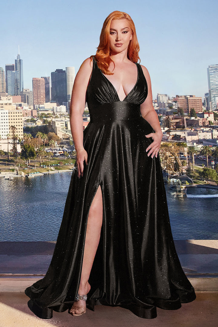 Plus Size Glitter Satin Sleeveless Slit Gown by Ladivine CC2349C