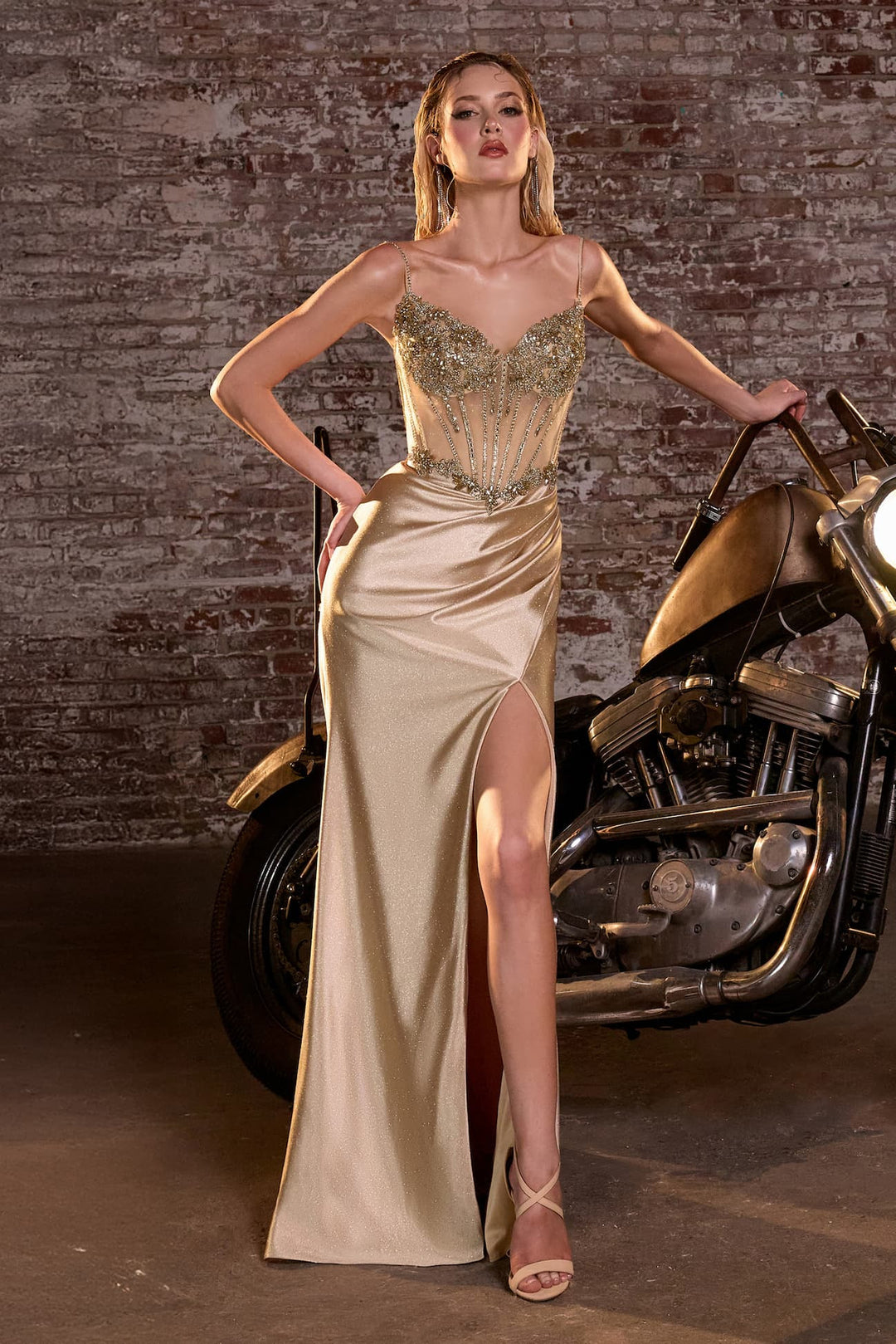 Glitter Satin V-Neck Slit Gown by Ladivine CC408