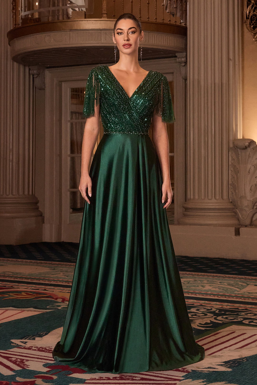Beaded Satin Short Sleeve Gown by Ladivine CC447