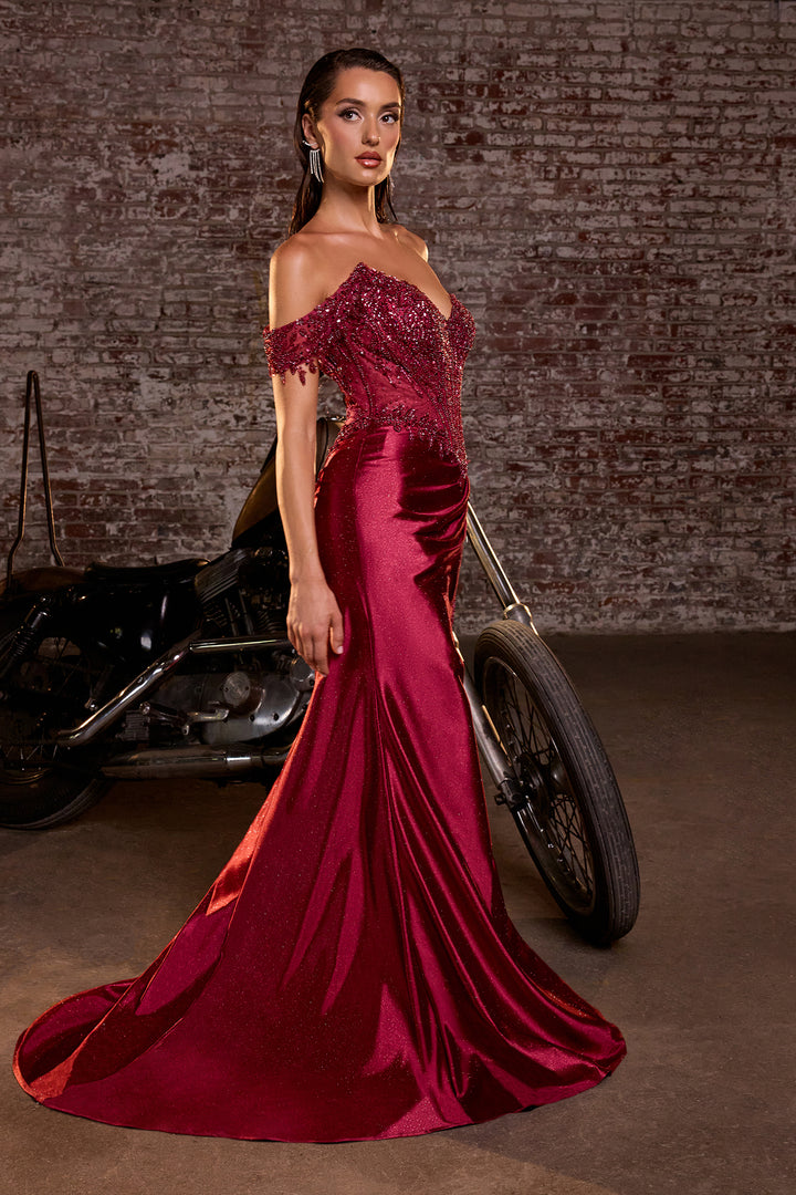 Beaded Off Shoulder Slit Gown by Ladivine CC456 - Outlet