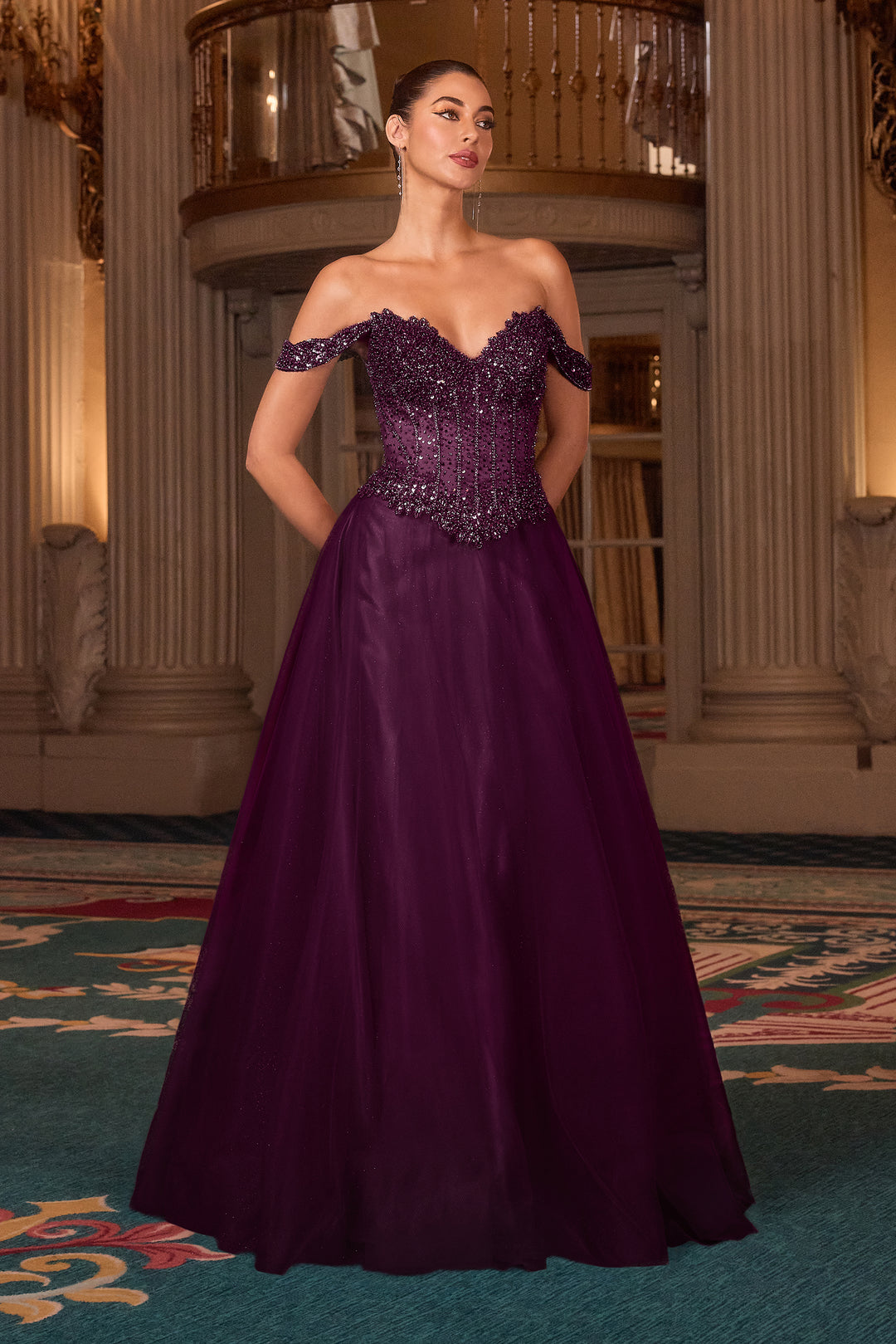 Beaded Off Shoulder A-line Gown by Ladivine CC471 Beaded Off Shoulder A-line Gown by Ladivine CC471
