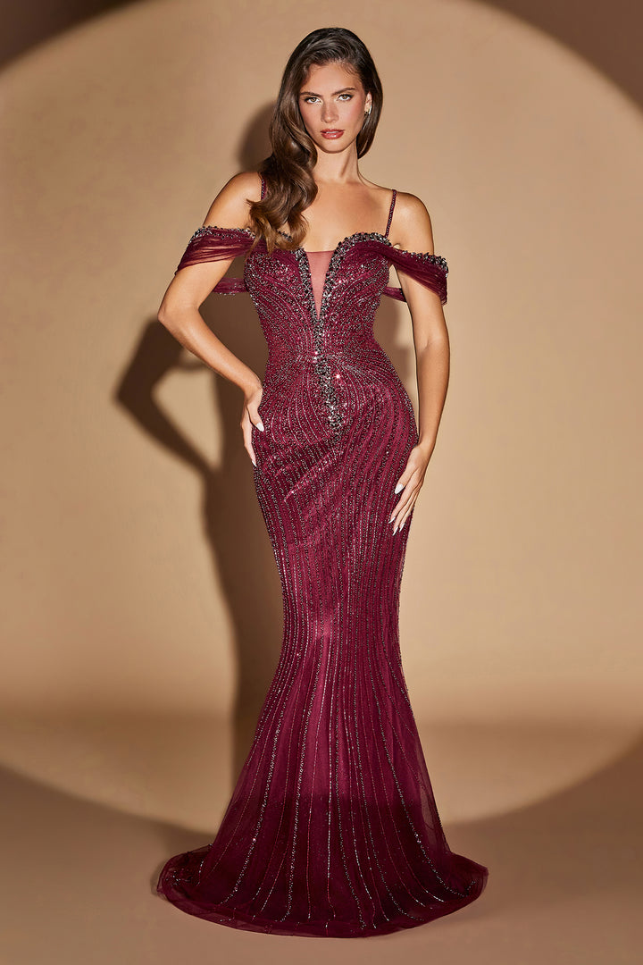 Beaded Fitted Off Shoulder Gown by Ladivine CC496