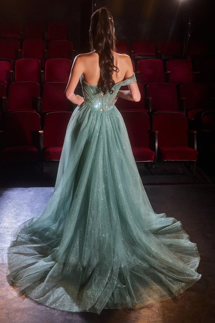 Glitter One Shoulder Overskirt Gown by Ladivine CC506
