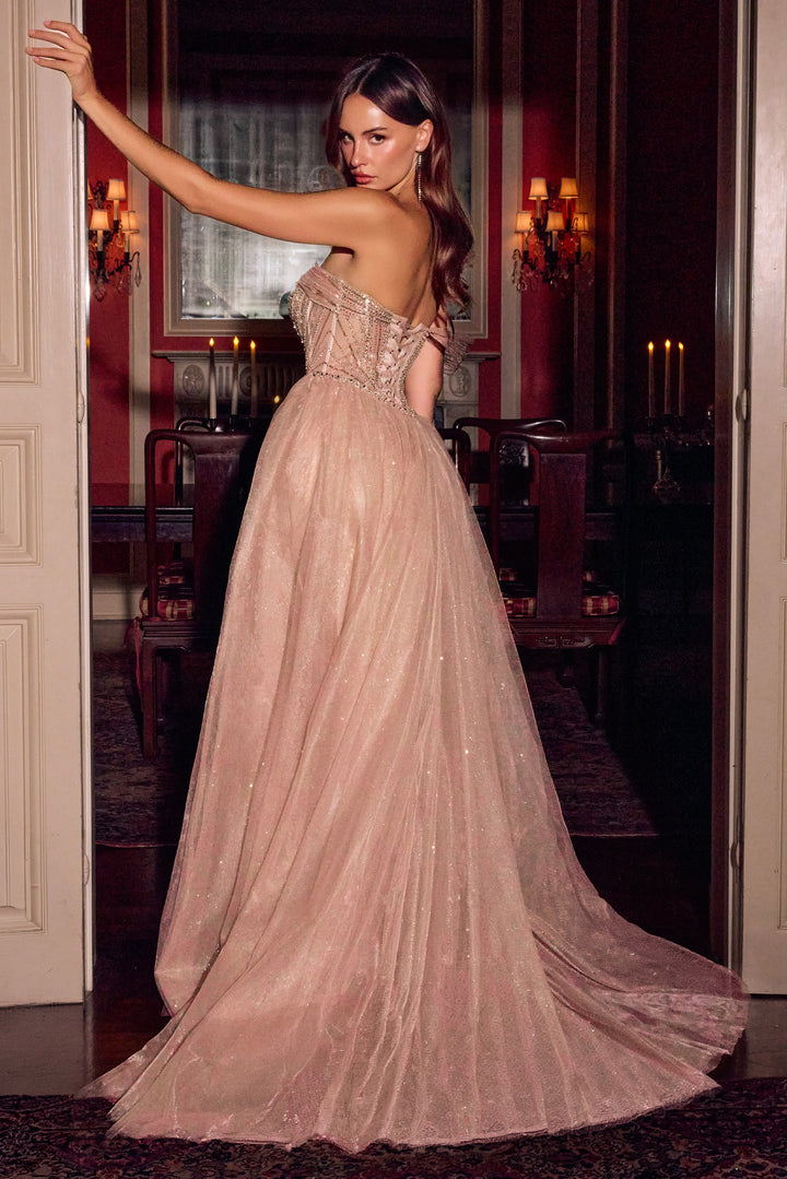 Glitter One Shoulder Overskirt Gown by Ladivine CC506