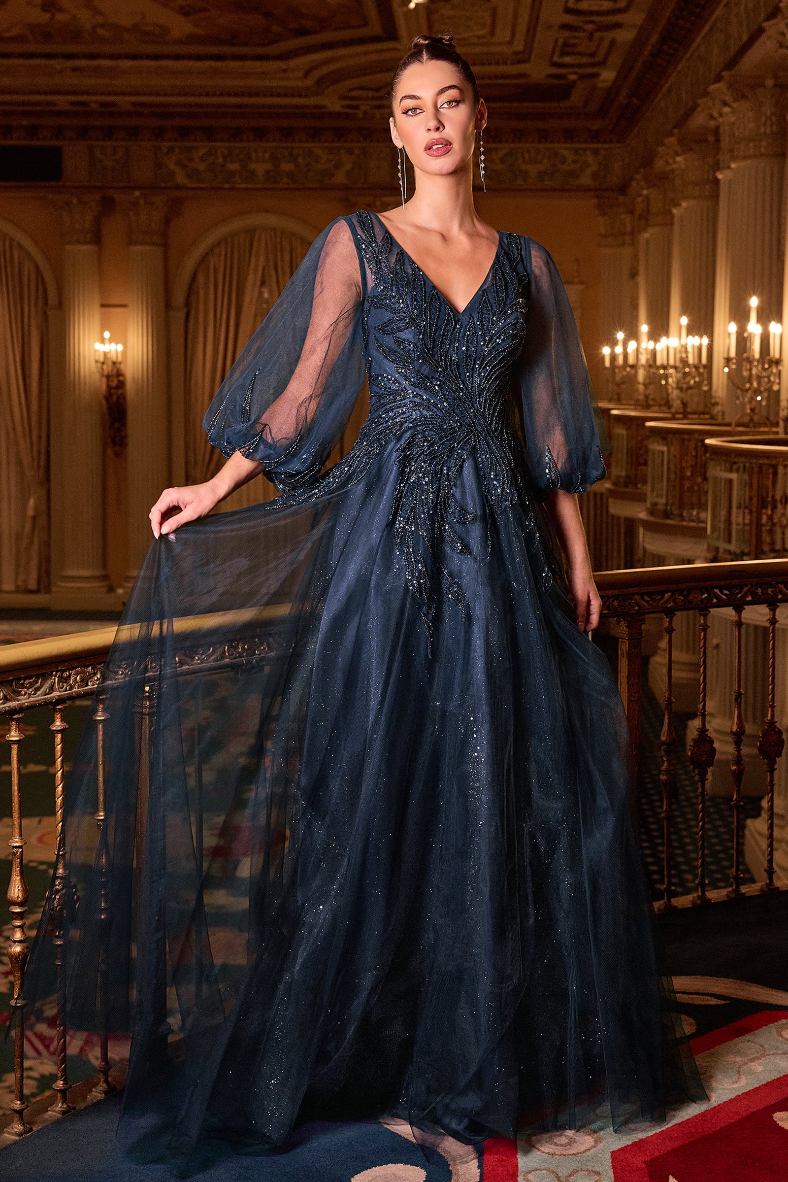 Beaded Tulle 3/4 Sleeve A-line Gown by Ladivine CD0101 – ABC Fashion
