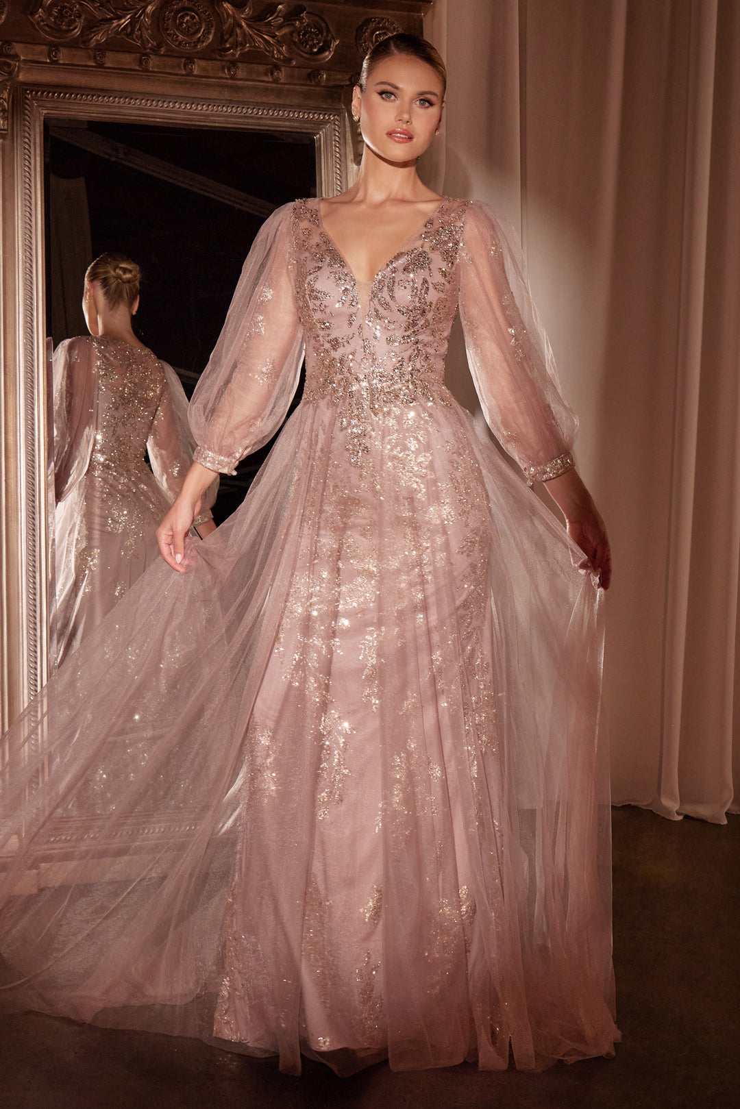 Beaded Long Sleeve A-line Gown by Ladivine CD0102 - Outlet