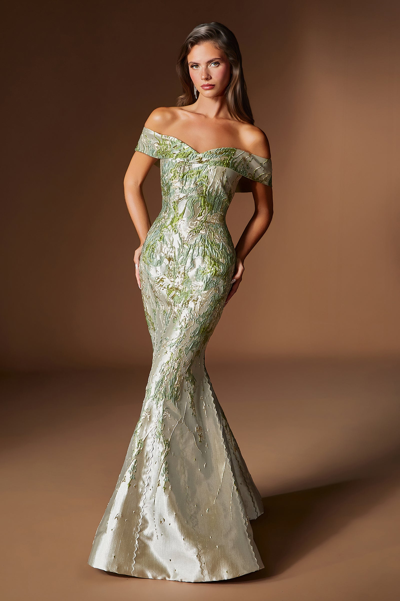 Jacquard Print Off Shoulder Gown by Ladivine CD0107 – ABC Fashion