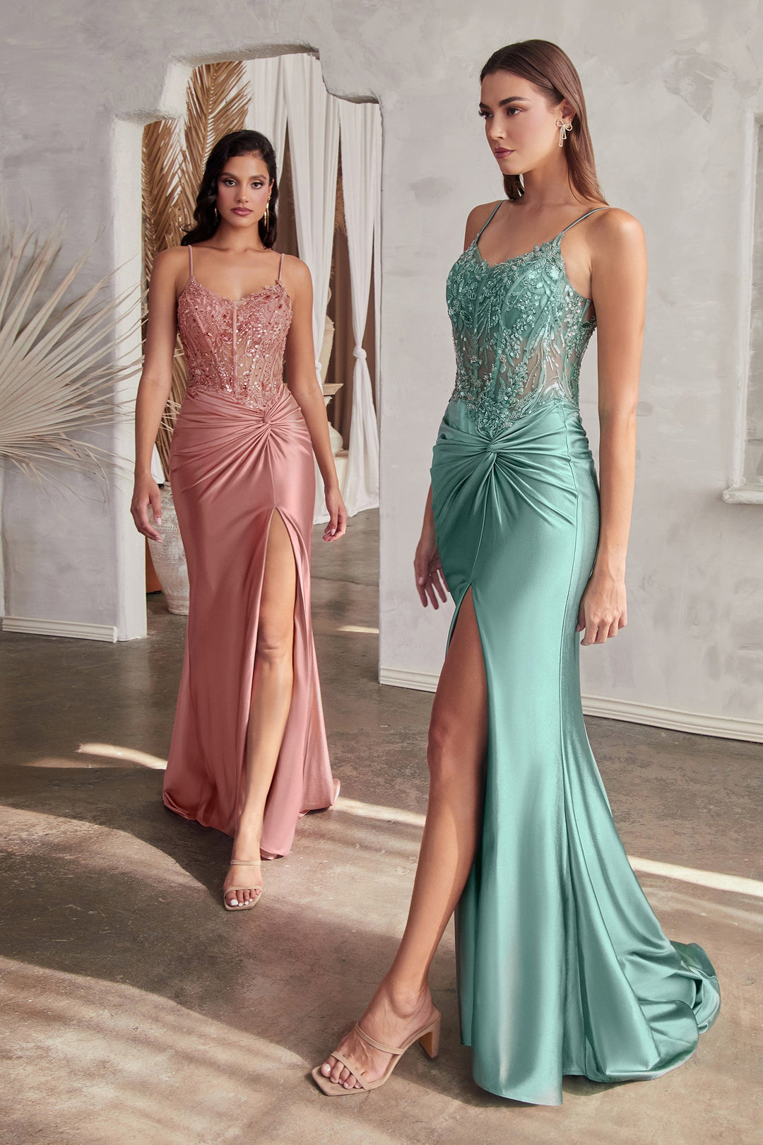 Beaded Satin Sleeveless Slit Gown by Ladivine CD0176 - Outlet