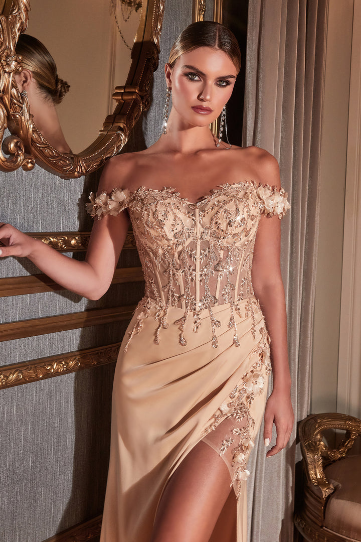 3D Fitted Floral Corset Slit Gown by Ladivine CD0186 - Outlet