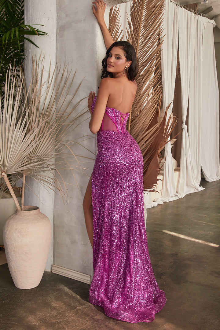 Fitted Beaded Strapless Slit Gown by Ladivine CD0227