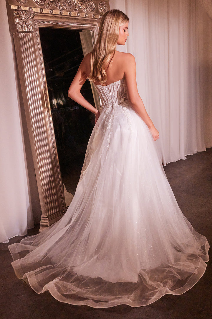 White Beaded Strapless Tulle Slit Gown by Ladivine CD0230W
