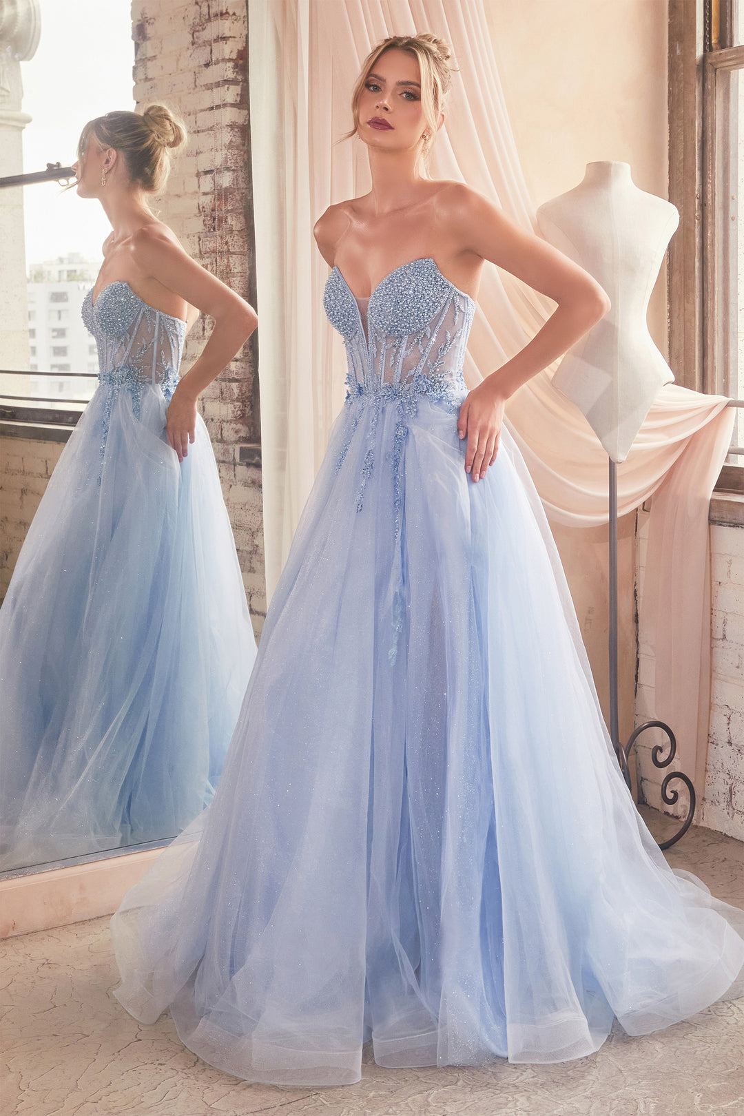 Beaded Strapless Tulle Slit Gown by Ladivine CD0230