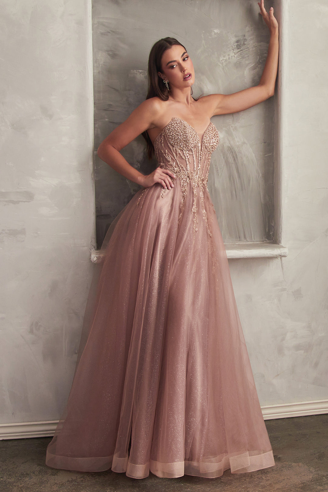 Beaded Strapless Tulle Slit Gown by Ladivine CD0230