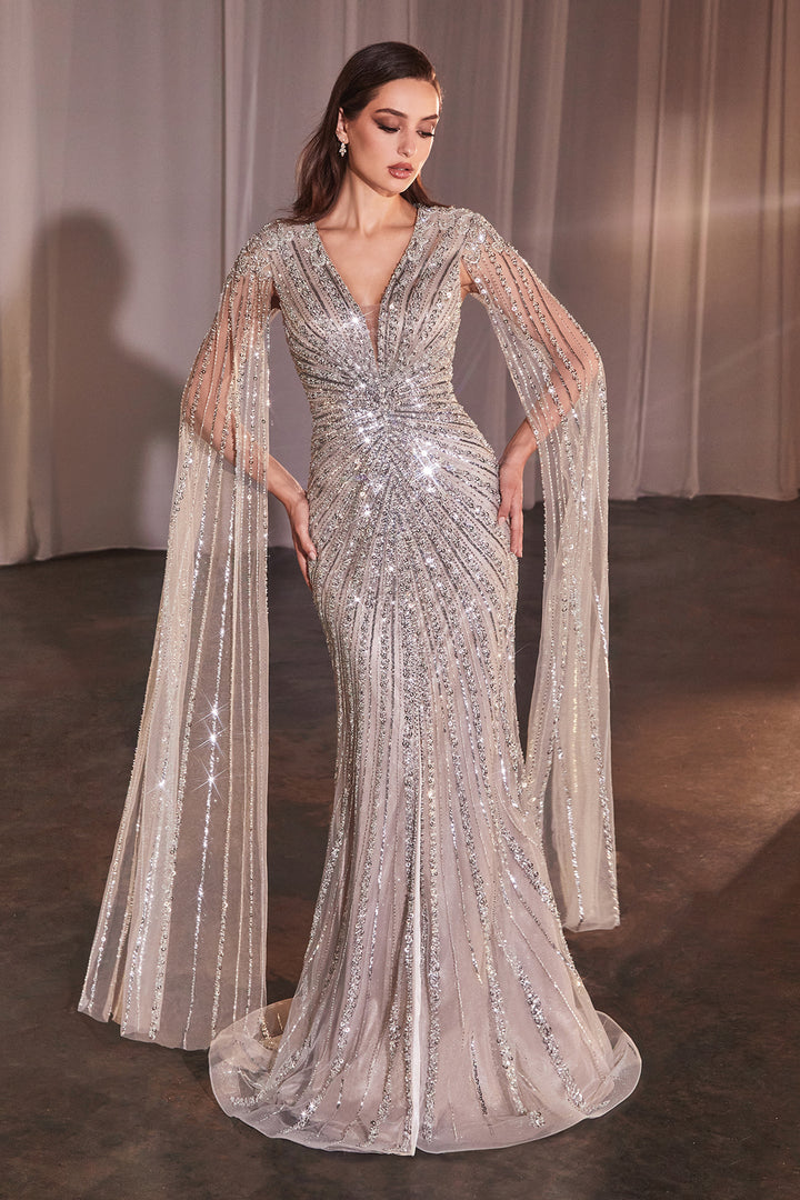 Beaded Cape Sleeve Slit Gown by Ladivine CD0239 - Outlet