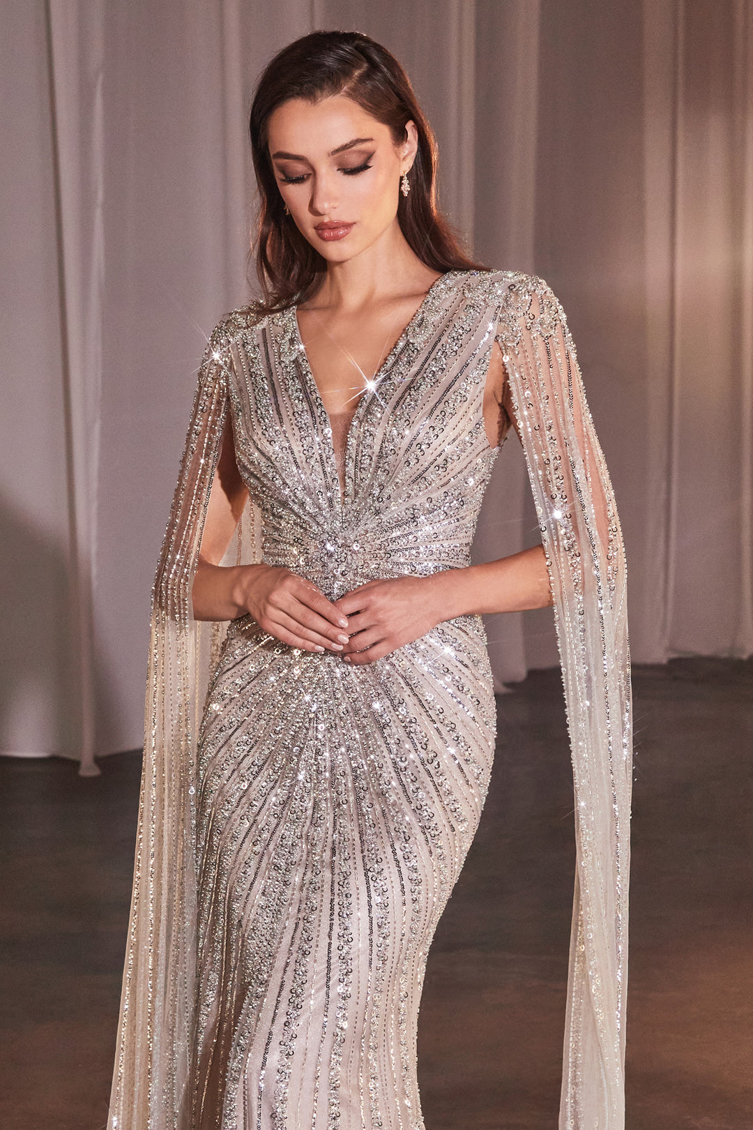 Beaded Cape Sleeve Slit Gown by Ladivine CD0239 - Outlet