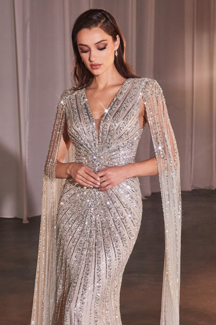Beaded Cape Sleeve Slit Gown by Ladivine CD0239 - Outlet