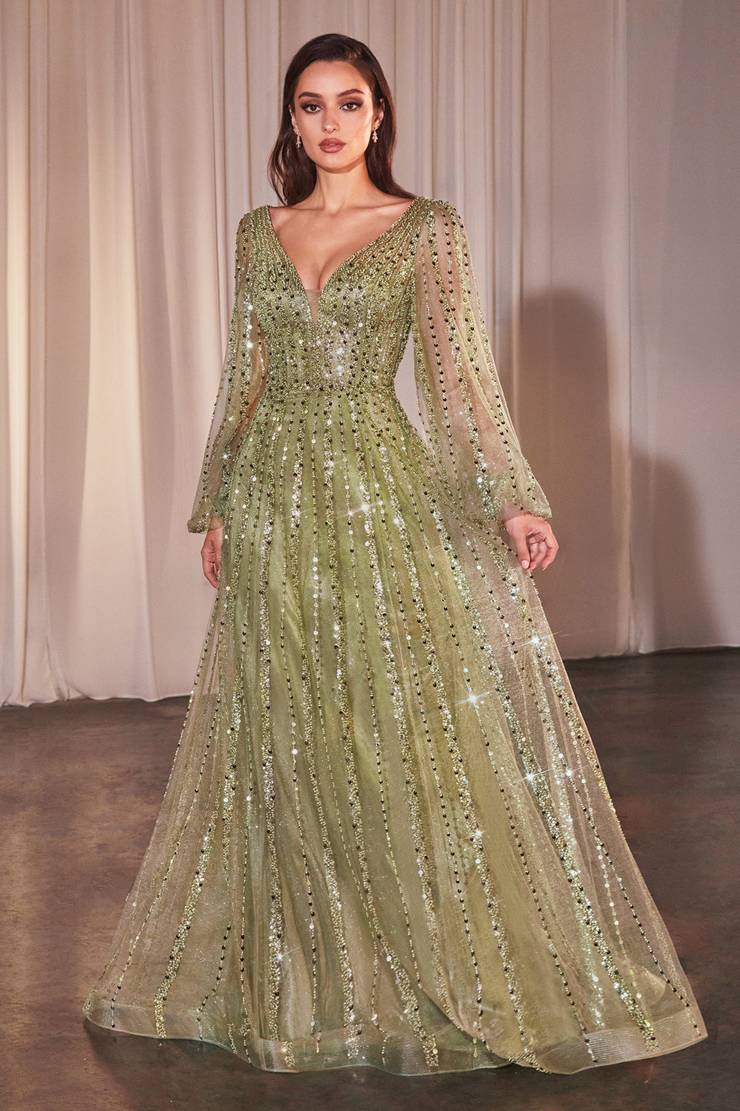 Beaded Long Sleeve A-line Gown by Ladivine CD0240