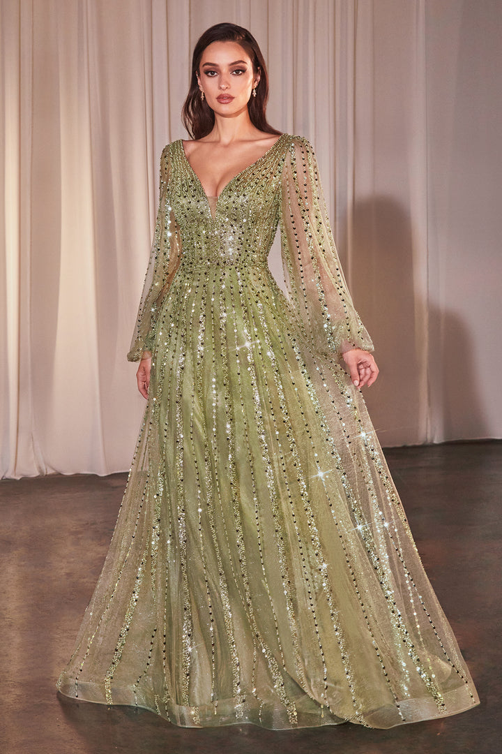 Beaded Long Sleeve A-line Gown by Ladivine CD0240