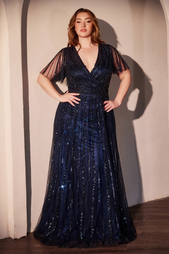 Beaded Short Sleeve A-line Gown by Ladivine CD0241