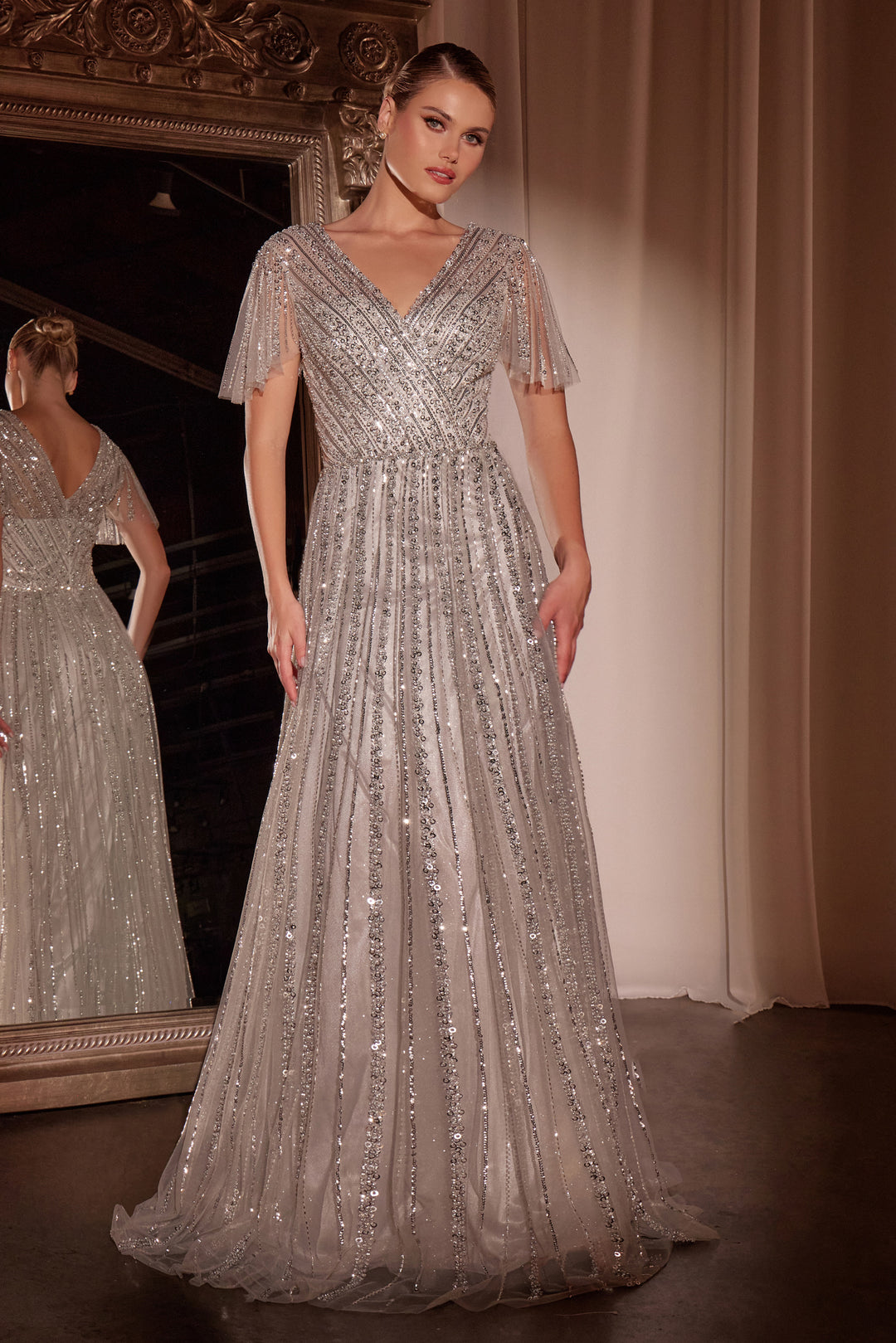 Beaded Short Sleeve A-line Gown by Ladivine CD0241