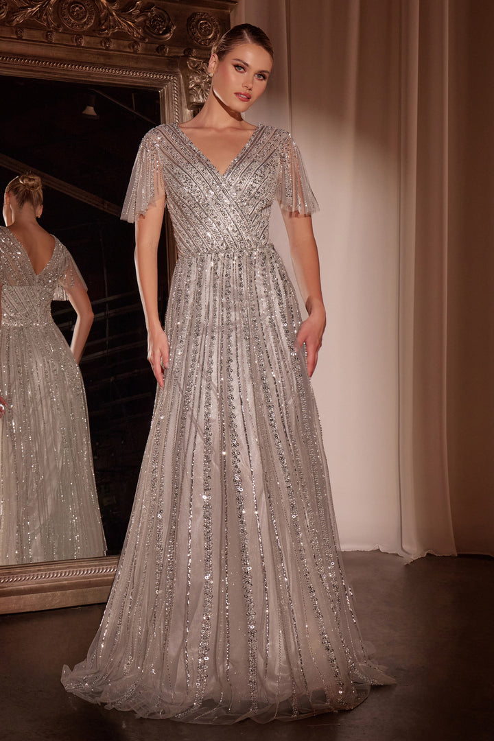 Beaded Short Sleeve A-line Gown by Ladivine CD0241