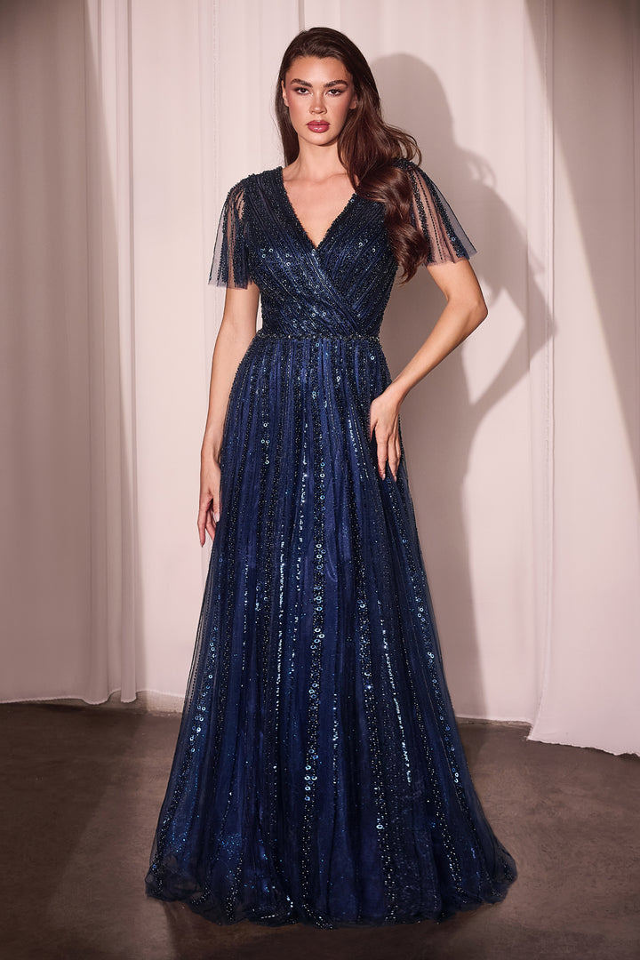 Beaded Short Sleeve A-line Gown by Ladivine CD0241 - Outlet