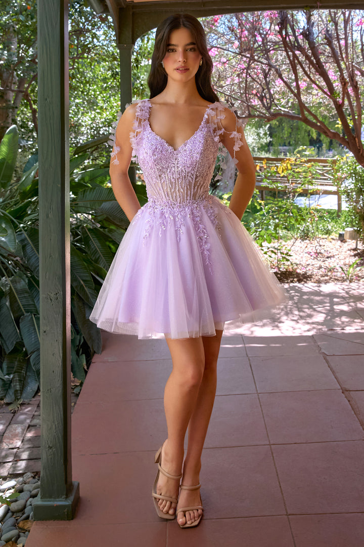 Applique Short V-Neck A-line Dress by Ladivine CD0249