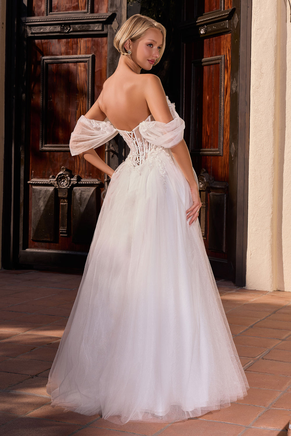 off white prom dress A-Line Shoulder Tulle Lace Applique Dress, White Homeco dresstby shoulder puffy sleeves create an effortlessly romantic look Ivory Prom Dresses Party Dress