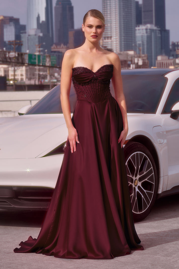 Satin Off Shoulder A-line Slit Gown by Ladivine CD297