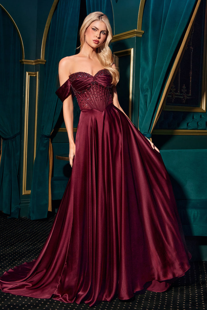 Satin Off Shoulder A-line Slit Gown by Ladivine CD297