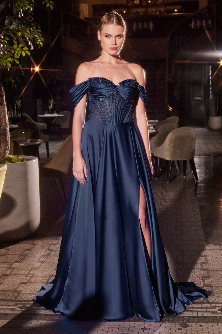 Satin Off Shoulder A-line Slit Gown by Ladivine CD297