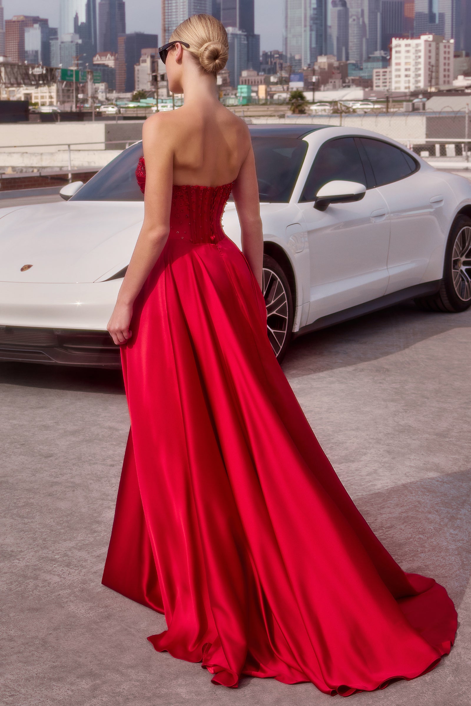 Satin Off Shoulder A-line Slit Gown by Ladivine CD297 – ABC