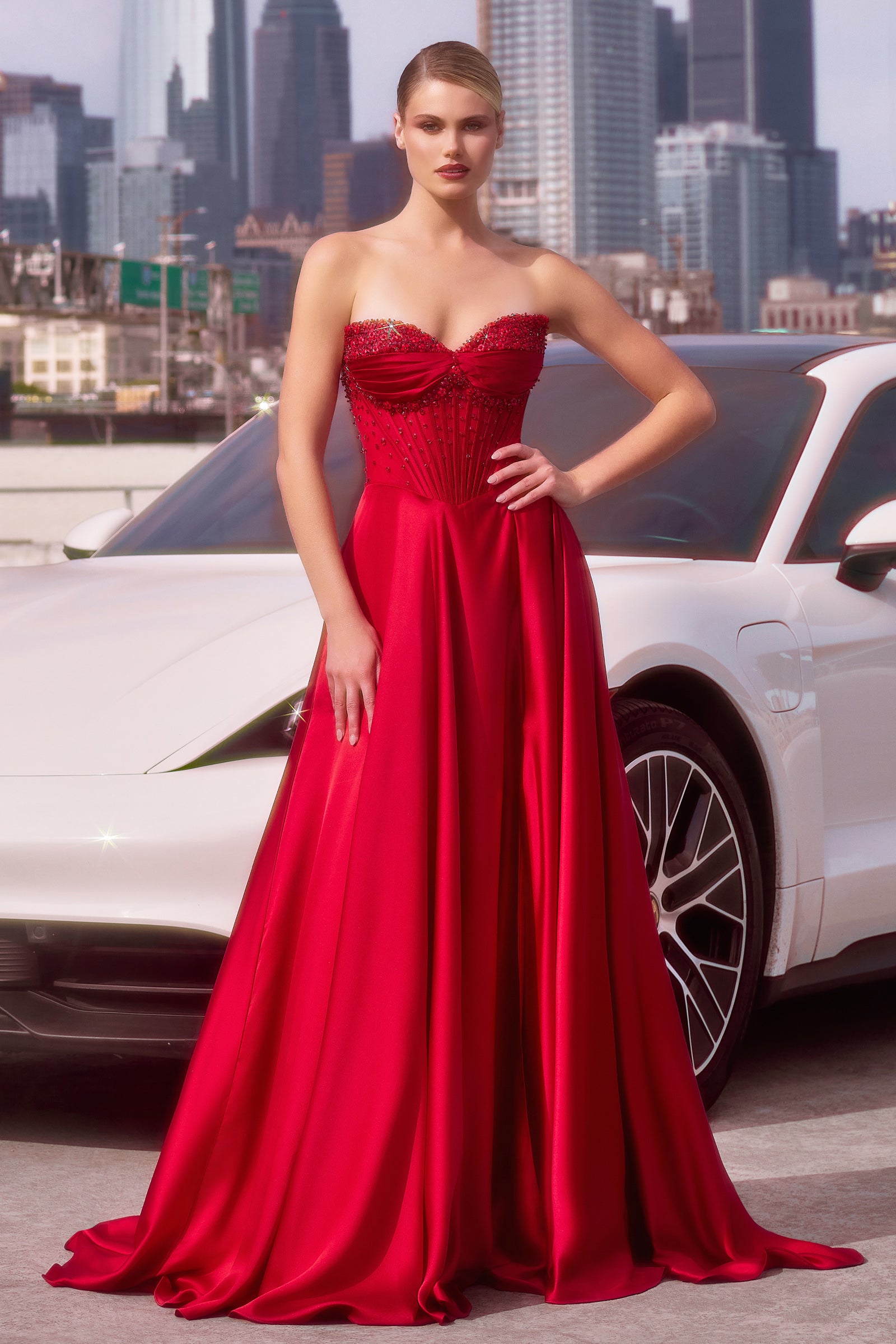 Satin Off Shoulder A-line Slit Gown by Ladivine CD297 – ABC Fashion