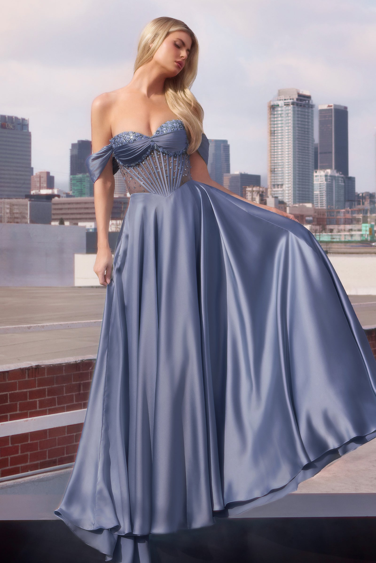 Satin Off Shoulder A-line Slit Gown by Ladivine CD297 – ABC Fashion