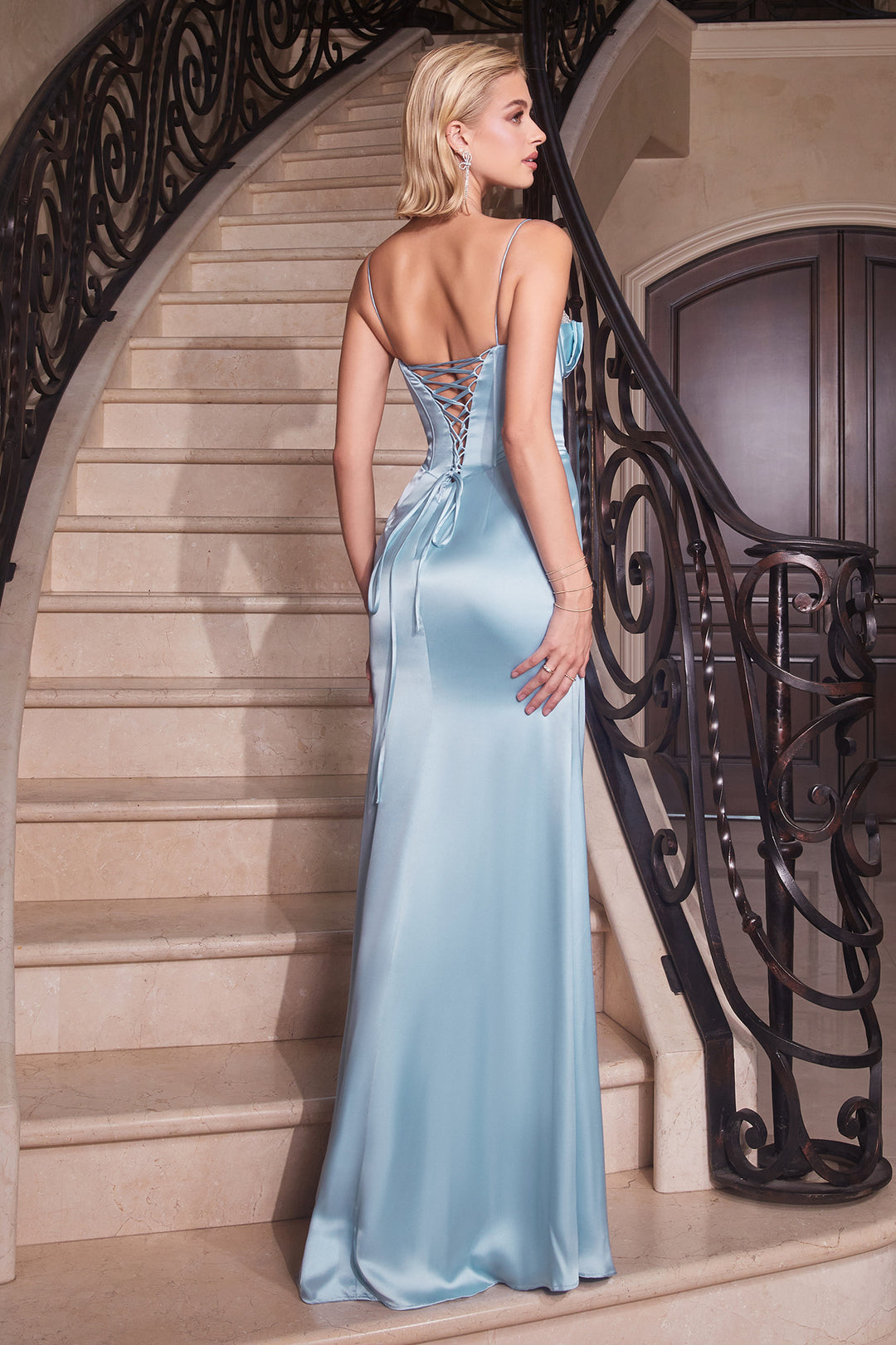 Fitted Beaded Satin Sleeveless Corset Gown by Ladivine CD306