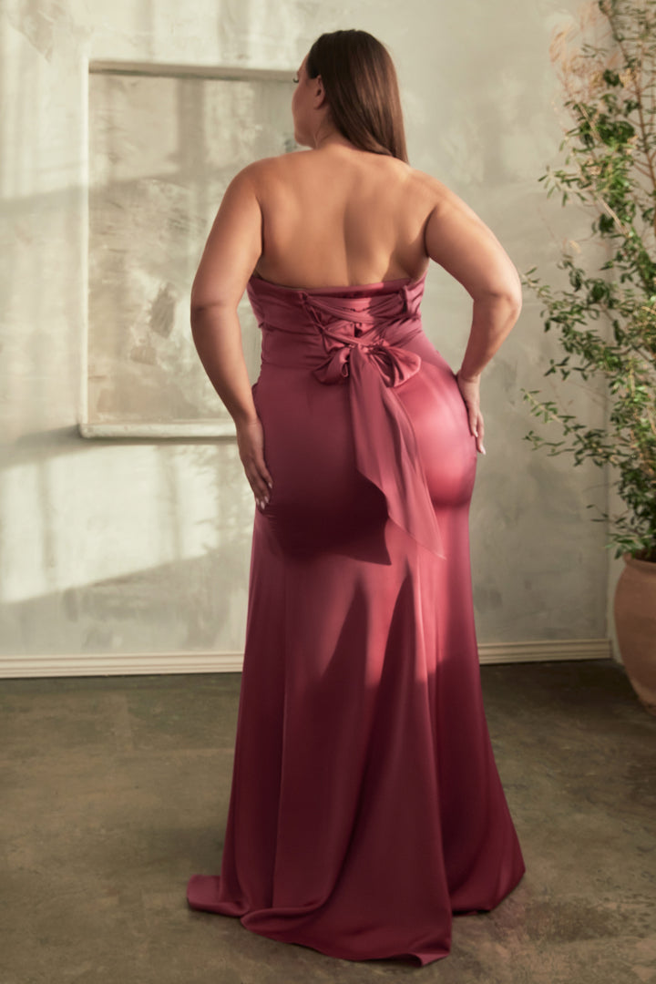 Plus Size Satin Strapless Corset Slit Gown by Ladivine CD326C