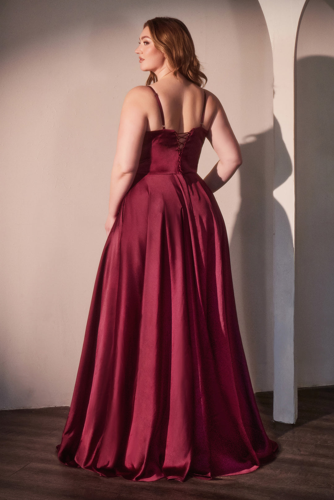 Plus Size Satin Corset A-line Slit Gown by Ladivine CD337C