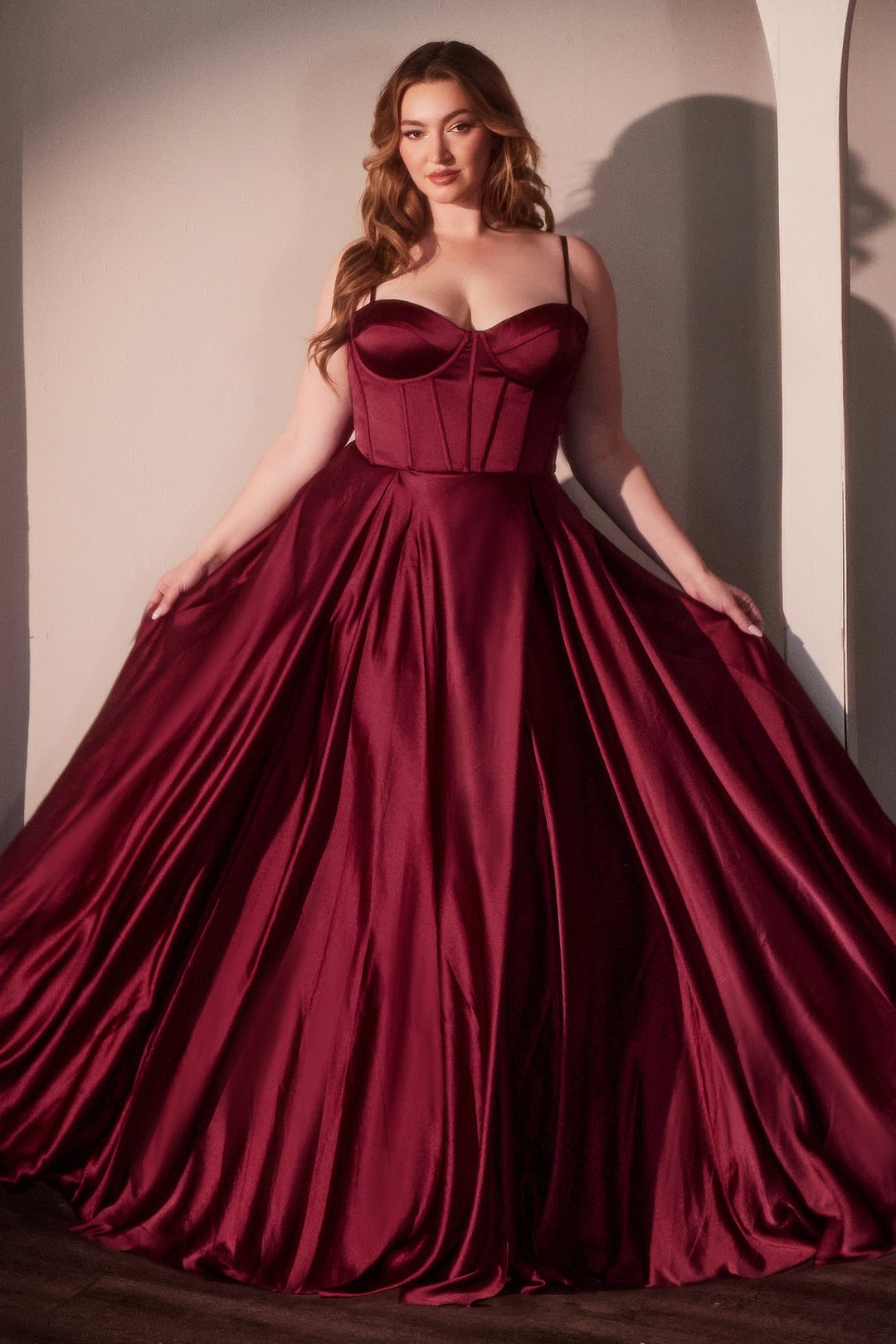 Plus Size Satin Corset A-line Slit Gown by Ladivine CD337C