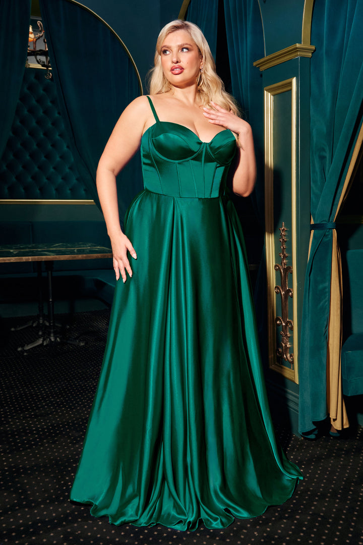 Plus Size Satin Corset A-line Slit Gown by Ladivine CD337C