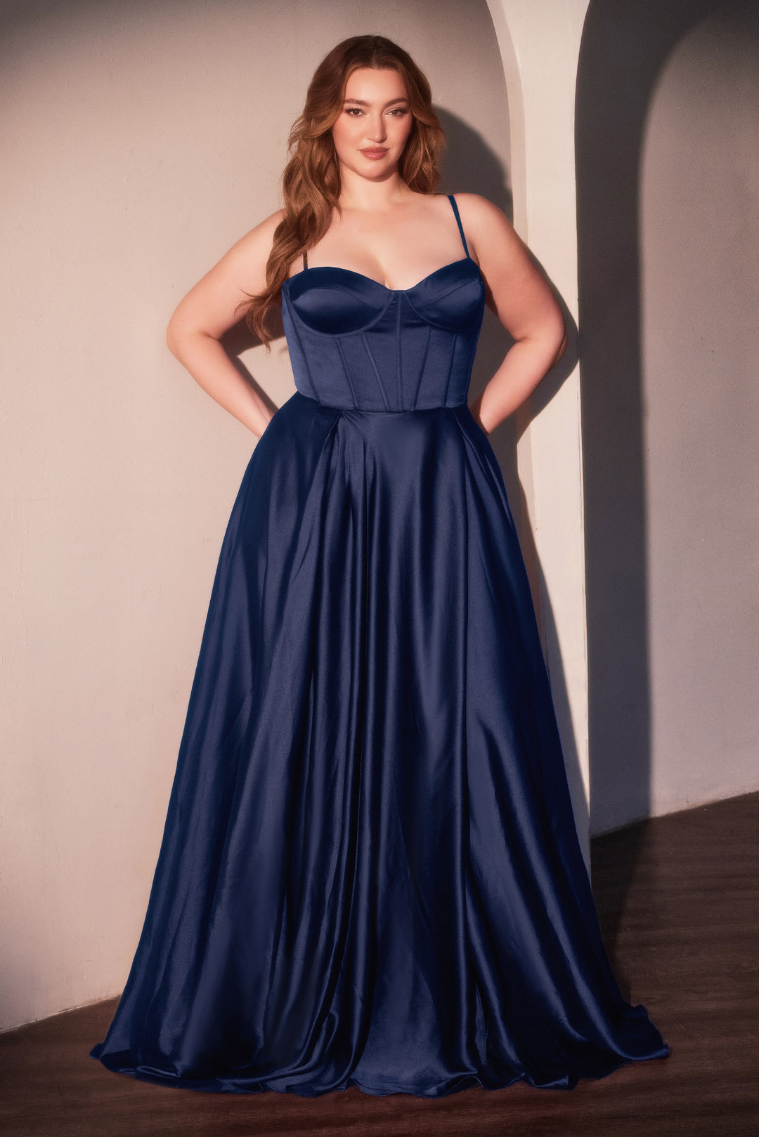 Plus Size Satin Corset A-line Slit Gown by Ladivine CD337C