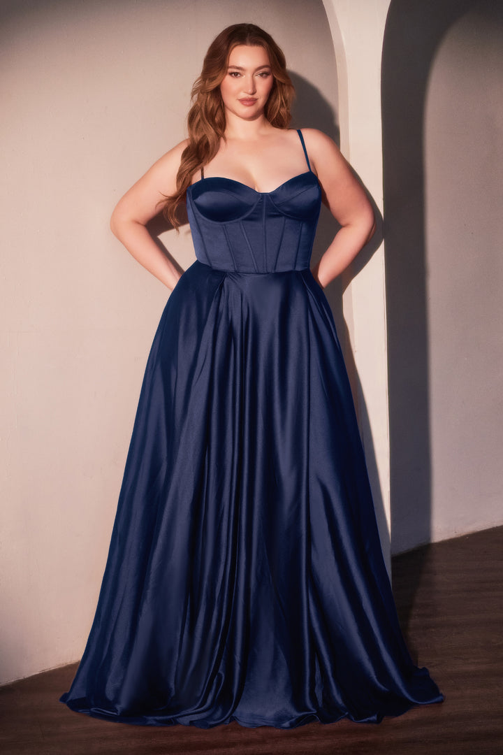 Plus Size Satin Corset A-line Slit Gown by Ladivine CD337C