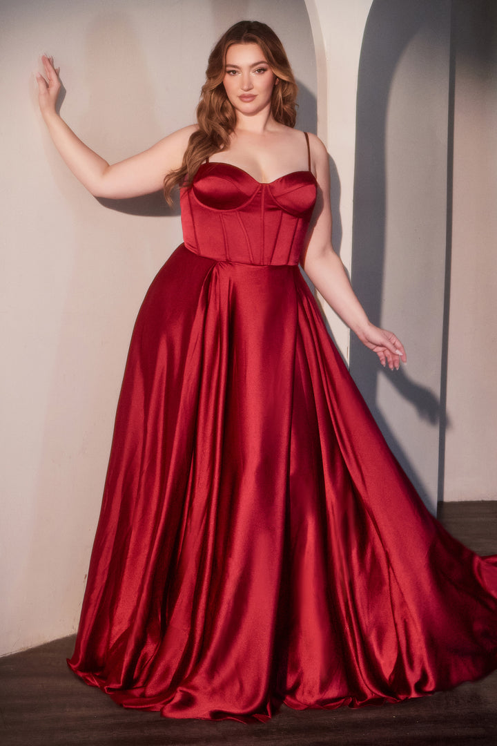 Plus Size Satin Corset A-line Slit Gown by Ladivine CD337C - Outlet