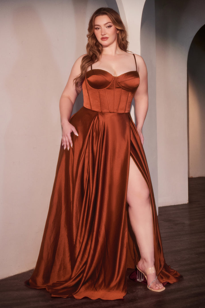 Plus Size Satin Corset A-line Slit Gown by Ladivine CD337C