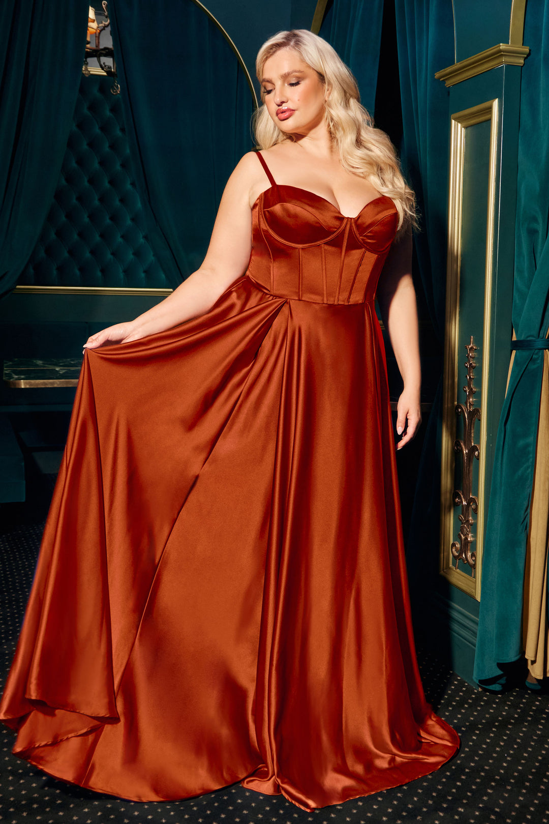 Plus Size Satin Corset A-line Slit Gown by Ladivine CD337C