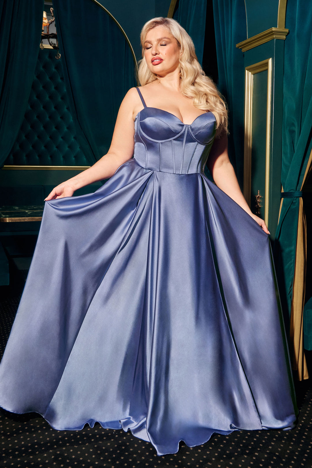 Plus Size Satin Corset A-line Slit Gown by Ladivine CD337C ABC Fashion Plus Size Satin Corset A-line Slit Gown by Ladivine CD337C ABC Fashion