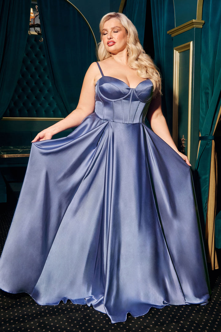 Plus Size Satin Corset A-line Slit Gown by Ladivine CD337C